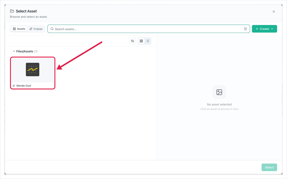 Select Asset dialog filtered to Stock assets