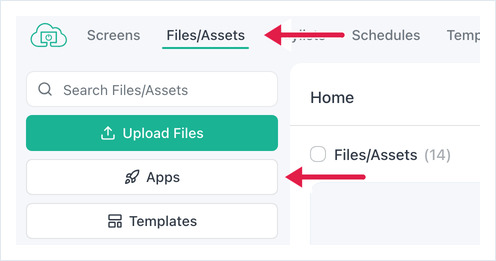 Files/Assets page with arrows on the Files/Assets tab and the Apps button in the left rail