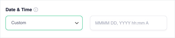 Date & Time set to Custom with a format field placeholder MMMM DD, YYYY hh:mm A