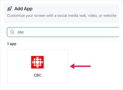Add App dialog searching cbc, with an arrow on the CBC app tile