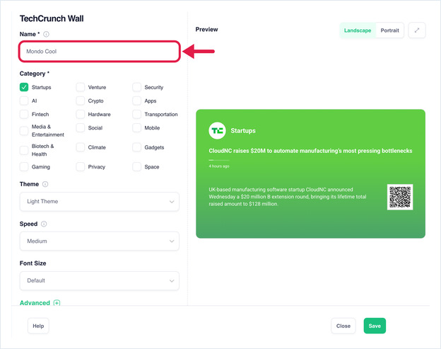 The TechCrunch Wall settings dialog with the Name field highlighted and a live preview alongside