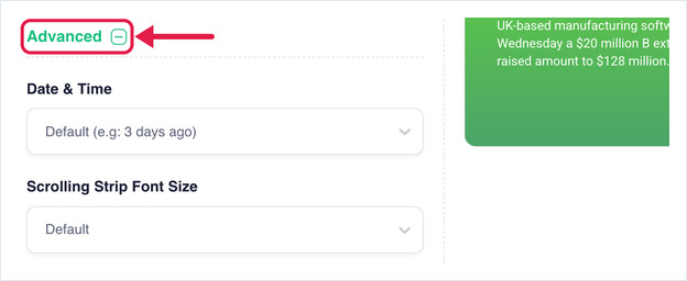 The Advanced link expanded, revealing the Date and Time and Scrolling Strip Font Size settings