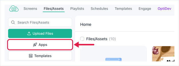 The Files/Assets page with the Apps button in the left sidebar highlighted