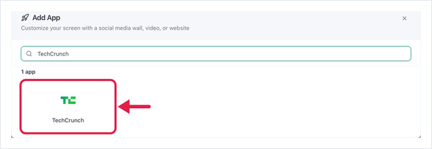 The Add App dialog searched for TechCrunch, with the TechCrunch app tile highlighted