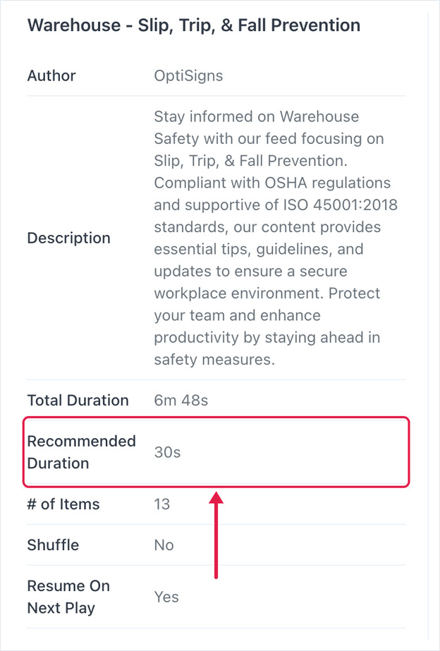 Feed details panel with the Recommended Duration row highlighted, showing 30s