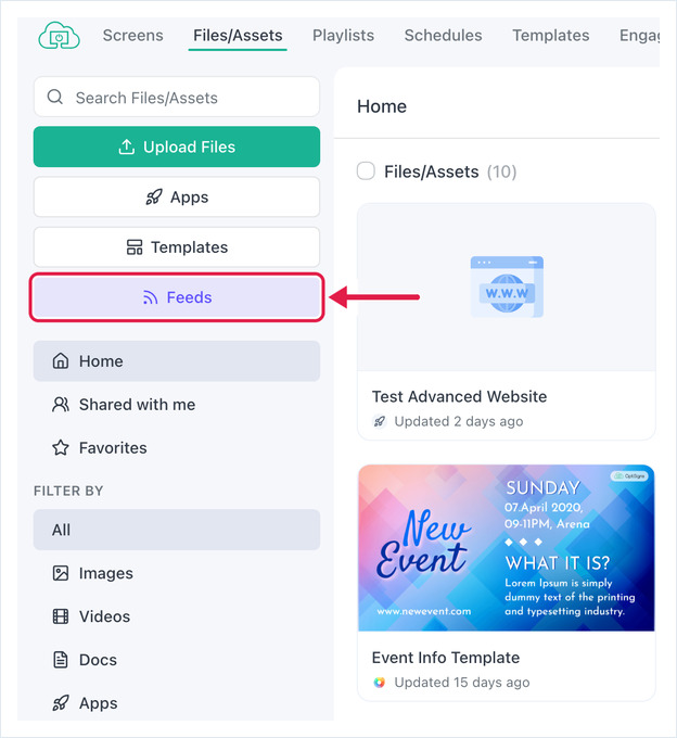 OptiSigns Files/Assets page with the Feeds button highlighted in the left sidebar