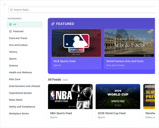The Feeds library: category list, featured feeds carousel and the full feed grid