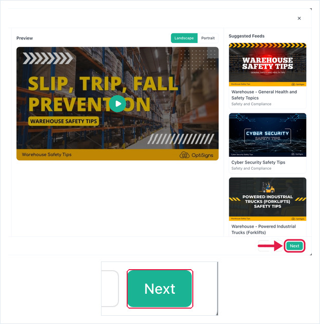 Create Feed Asset dialog previewing a feed, with the Next button highlighted