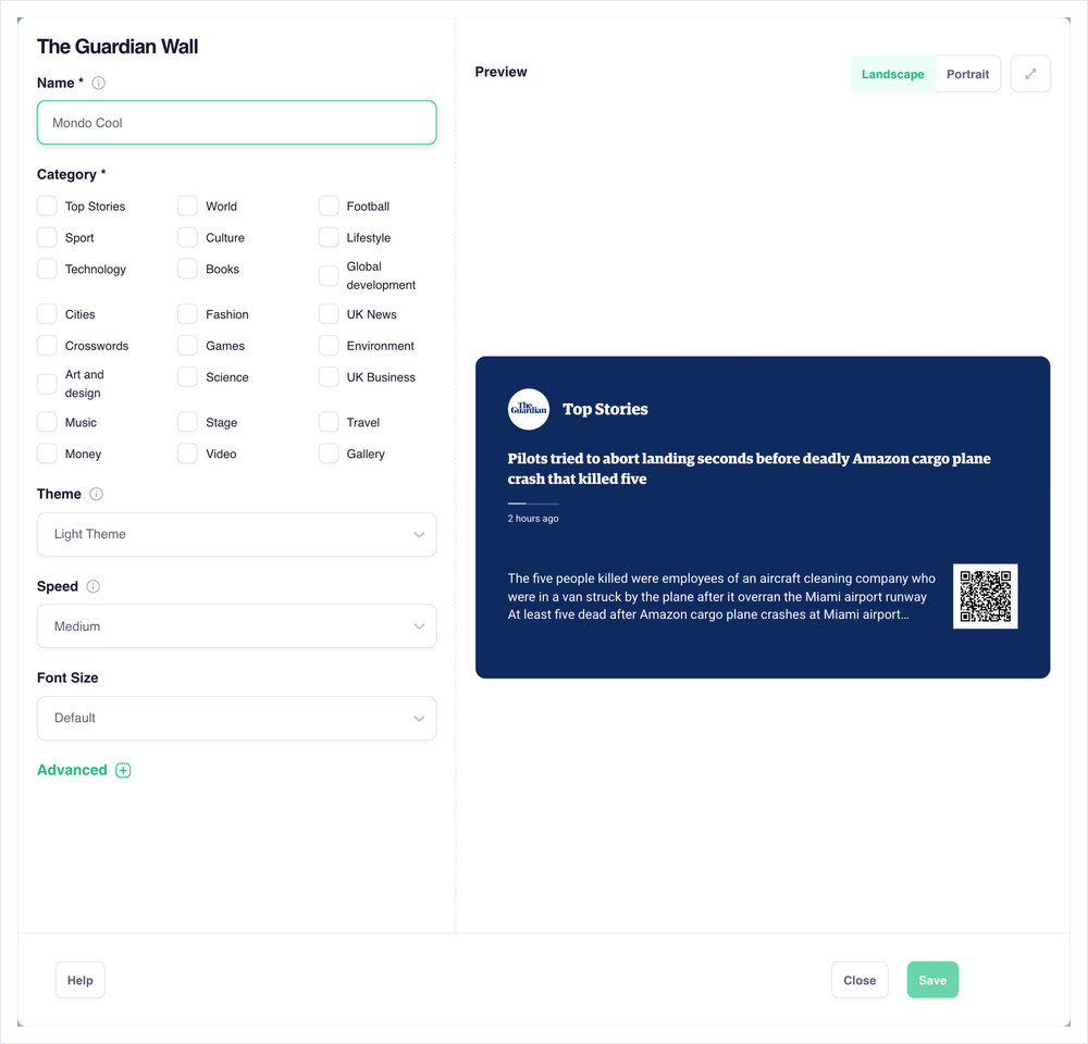 The Guardian Wall setup dialog: Name, Category, Theme, Speed and Font Size, with a live preview pane