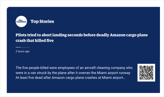 The Guardian app on a screen: Top Stories headline, timestamp, story summary and a QR code on a dark blue card