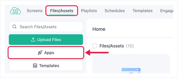 OptiSigns portal with the Files/Assets tab and the Apps button in the left sidebar highlighted
