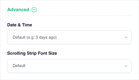 Advanced section expanded, showing the Date & Time and Scrolling Strip Font Size dropdowns