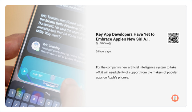 News app Single Post View: one story with image, headline, summary and QR code