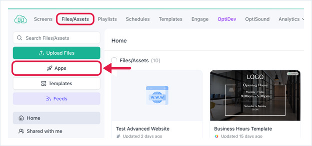 OptiSigns portal with the Files/Assets tab and the Apps button highlighted
