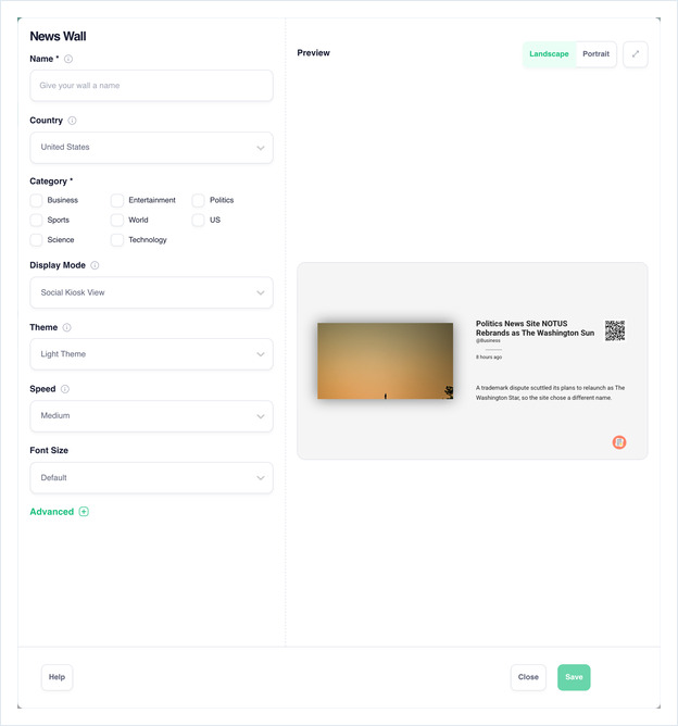 News Wall editor: Name, Country, Category, Display Mode, Theme, Speed and Font Size beside a live preview