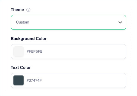 Theme set to Custom, showing the Background Color and Text Color fields