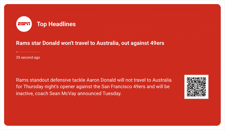 ESPN Top Headlines card on screen, with a QR code linking to the full article