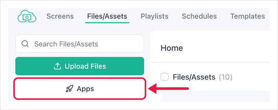 Files/Assets page with the Apps button highlighted in the left sidebar