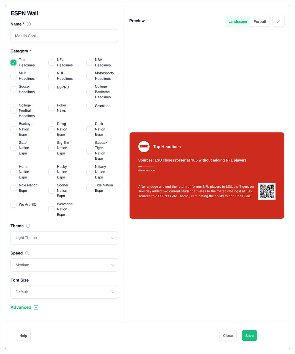 ESPN Wall settings: Name, Category, Theme, Speed, Font Size, and a live preview