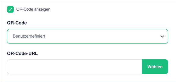 Show QR Code checked, with QR Code set to Custom and a QR Code URL field