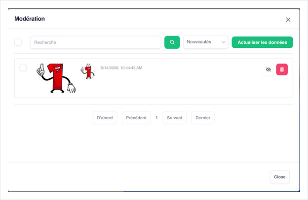 Moderation popup listing a Facebook post with hide and delete buttons