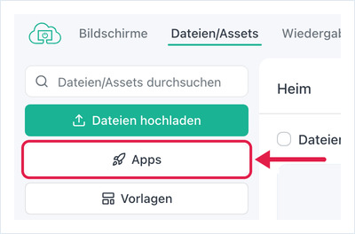 OptiSigns Files/Assets page with the Apps button highlighted in the left sidebar