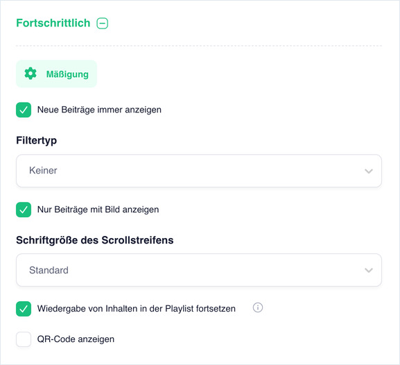 Advanced section expanded showing Moderation, Filter Type and Show QR Code