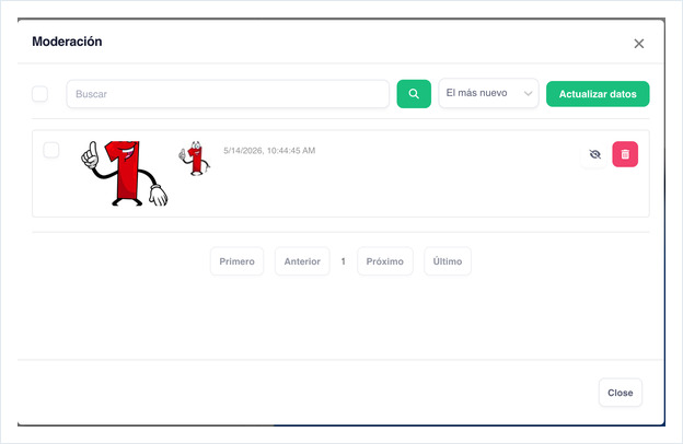 Moderation popup listing a Facebook post with hide and delete buttons