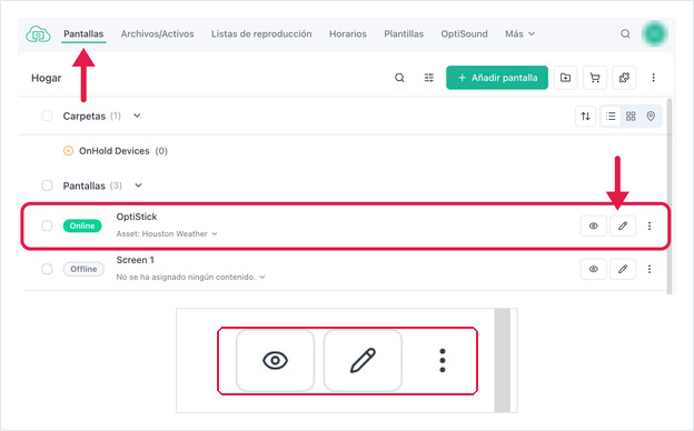 Screens list with a screen row highlighted and its Edit button magnified below