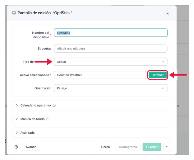 Edit Screen dialog with Content Type set to Asset and the Change button highlighted