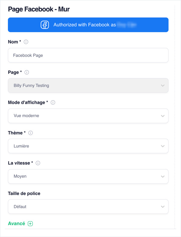 Facebook wall settings: Name, Page, Display Mode, Theme, Speed and Font Size