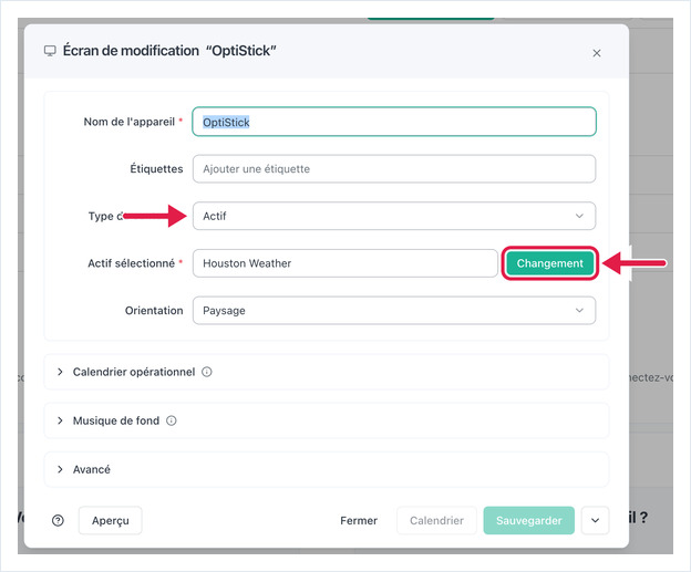 Edit Screen dialog with Content Type set to Asset and the Change button highlighted