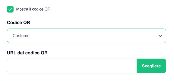 Show QR Code checked, with QR Code set to Custom and a QR Code URL field