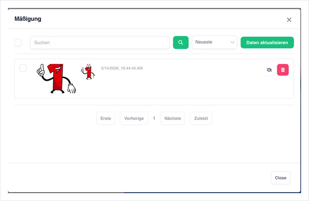 Moderation popup listing a Facebook post with hide and delete buttons