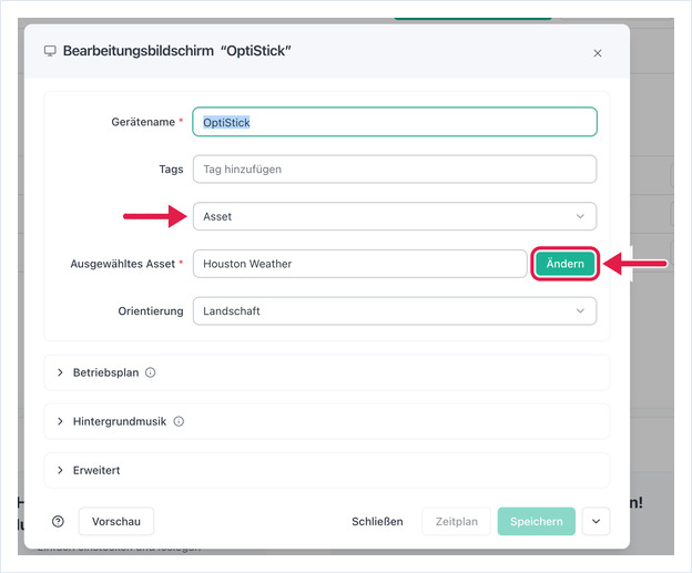 Edit Screen dialog with Content Type set to Asset and the Change button highlighted