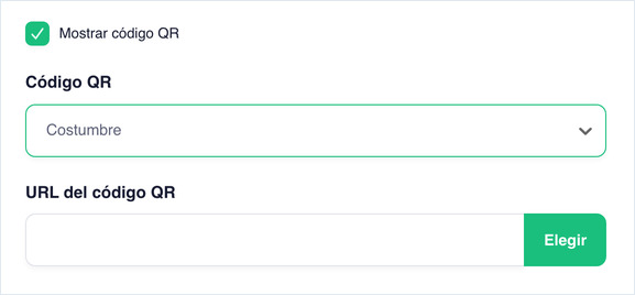 Show QR Code checked, with QR Code set to Custom and a QR Code URL field