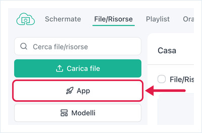 OptiSigns Files/Assets page with the Apps button highlighted in the left sidebar