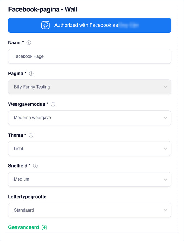 Facebook wall settings: Name, Page, Display Mode, Theme, Speed and Font Size