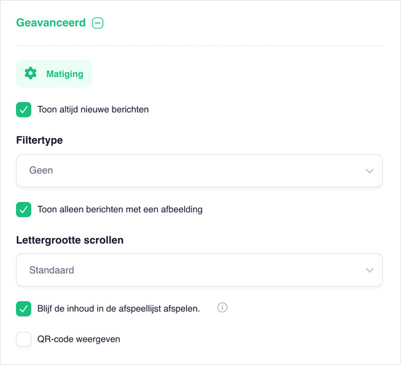 Advanced section expanded showing Moderation, Filter Type and Show QR Code