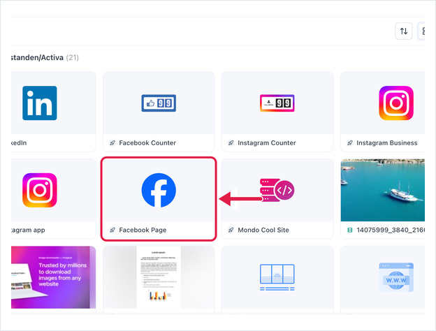 Select Asset dialog with the Facebook Page asset highlighted