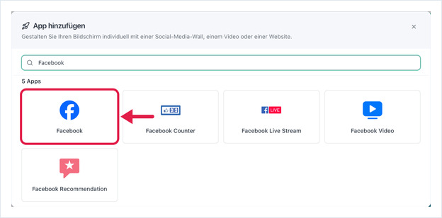 Add App dialog with Facebook in the search box and the Facebook app card highlighted