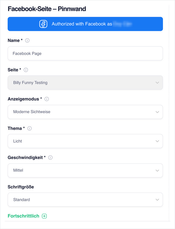 Facebook wall settings: Name, Page, Display Mode, Theme, Speed and Font Size