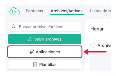 OptiSigns Files/Assets page with the Apps button highlighted in the left sidebar
