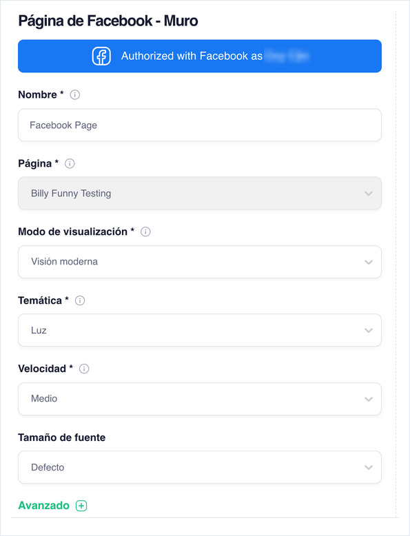 Facebook wall settings: Name, Page, Display Mode, Theme, Speed and Font Size