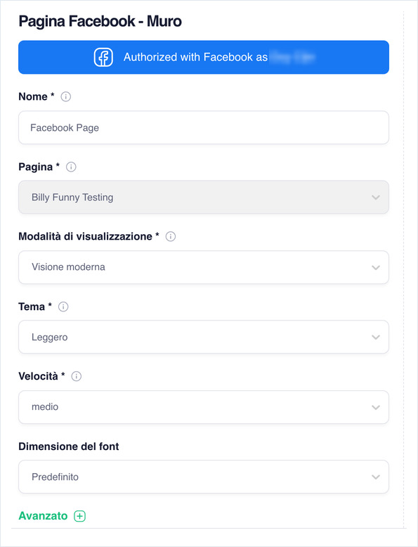 Facebook wall settings: Name, Page, Display Mode, Theme, Speed and Font Size
