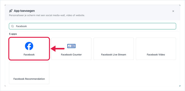 Add App dialog with Facebook in the search box and the Facebook app card highlighted