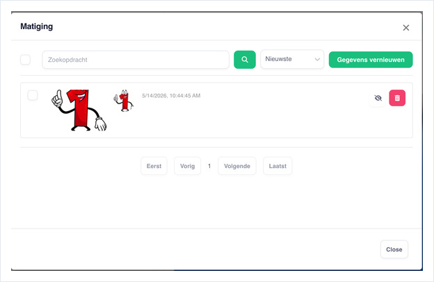Moderation popup listing a Facebook post with hide and delete buttons