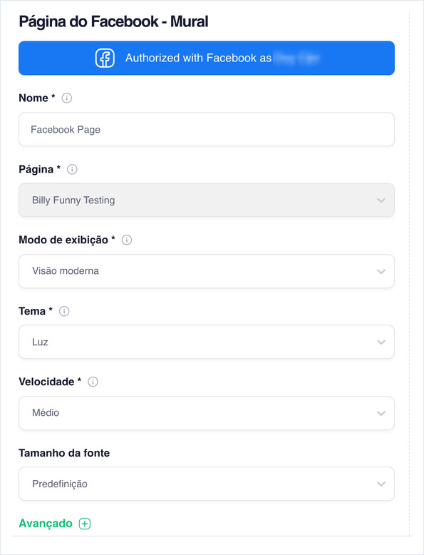Facebook wall settings: Name, Page, Display Mode, Theme, Speed and Font Size