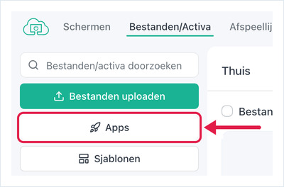 OptiSigns Files/Assets page with the Apps button highlighted in the left sidebar