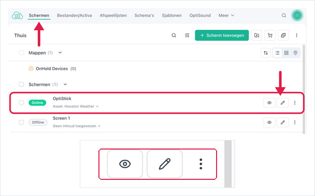 Screens list with a screen row highlighted and its Edit button magnified below